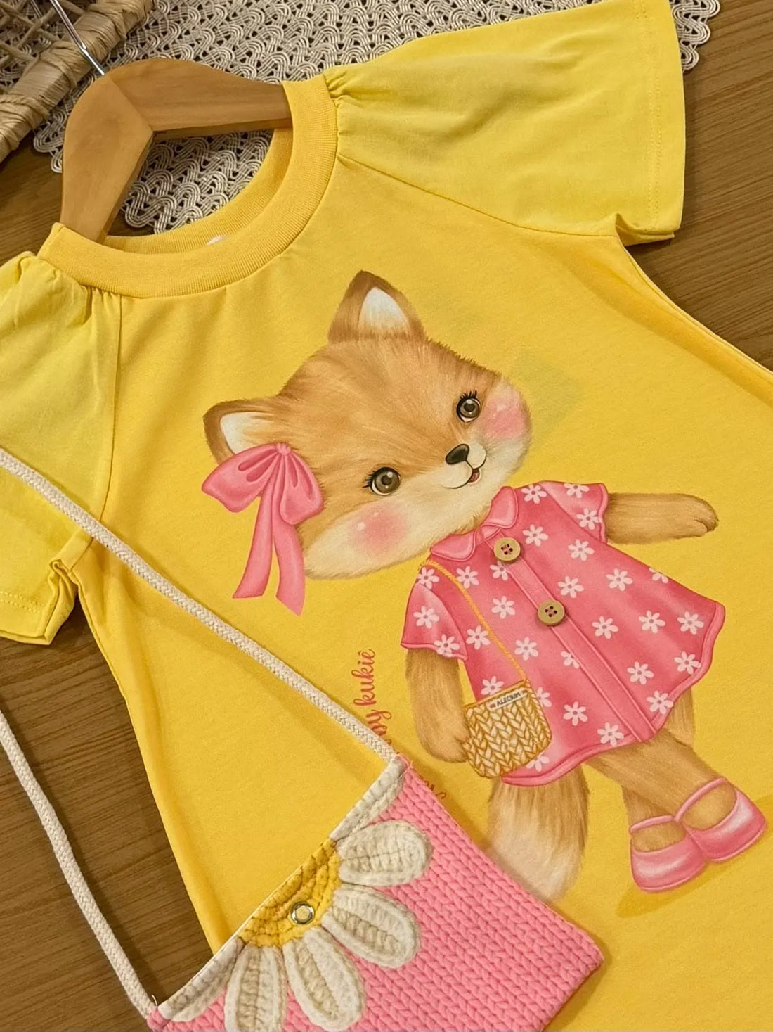Vestido Infantil Kukiê Amarelo Raposinha com Bolsinha