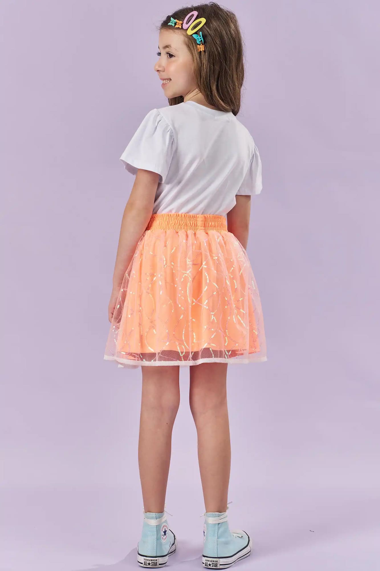 Conjunto Infantil Kukiê Verão com Saia Laranja e Blusa Branca Borboleta