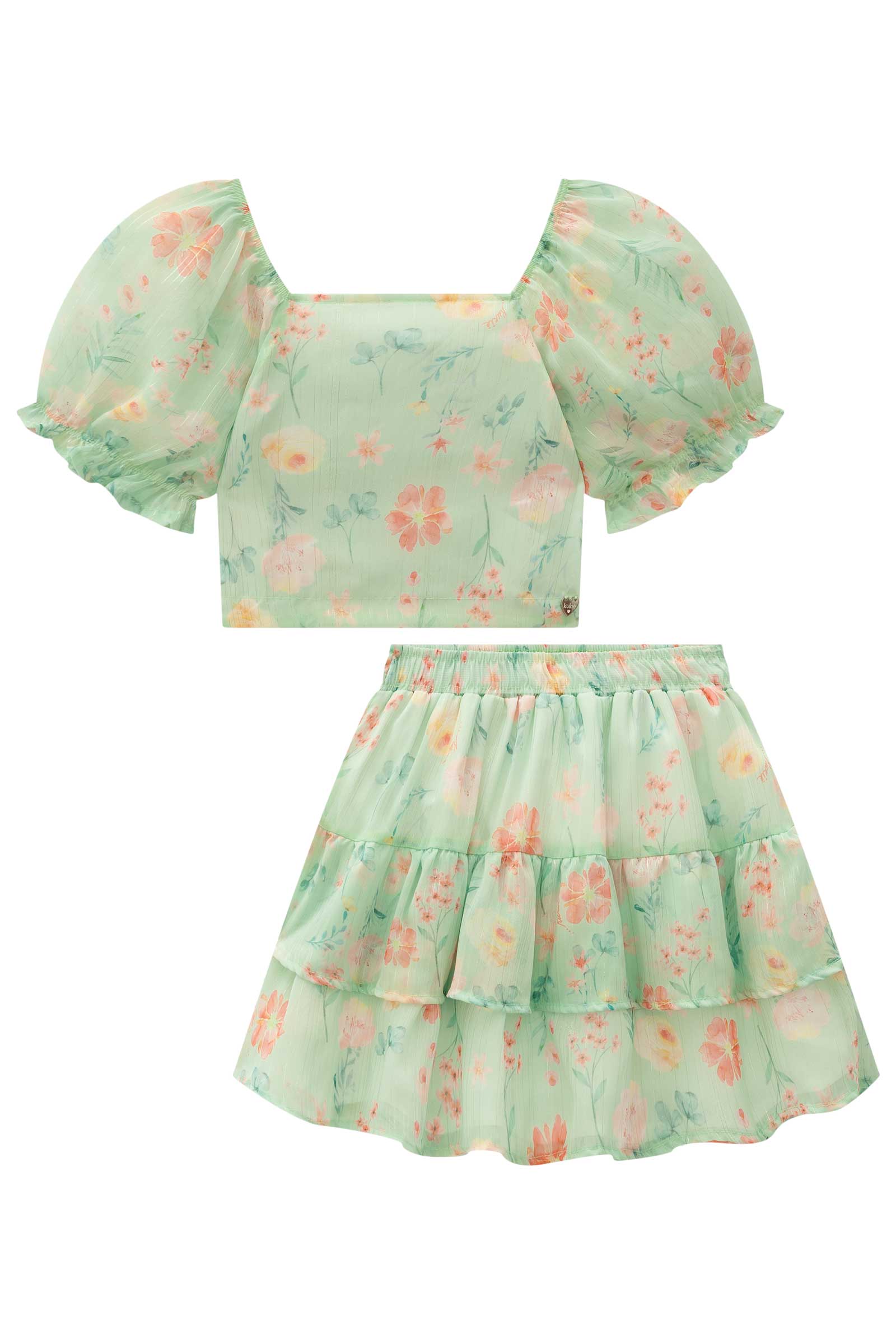 Conjunto Infantil Kukie Verão Saia e Blusa Chiffon Verde Floral