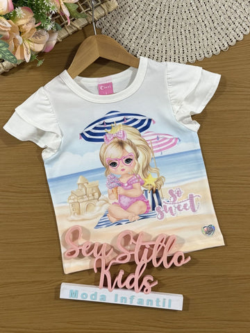 Blusa Infantil Cinti Verão Branca Menina na Praia com Strass