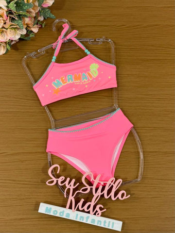 Biquíni Infantil Kukie Verão Rosa Neon Mermaid