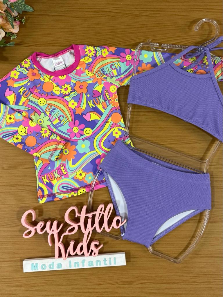 Biquíni Infantil Kukie Verão Com Blusa Manga Longa e Top Lilás