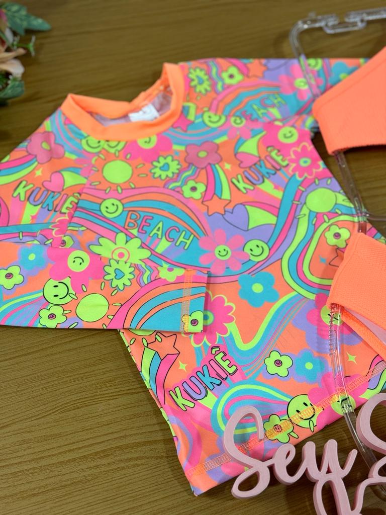 Biquíni Infantil Kukie Verão Com Blusa Manga Longa e Top Laranja