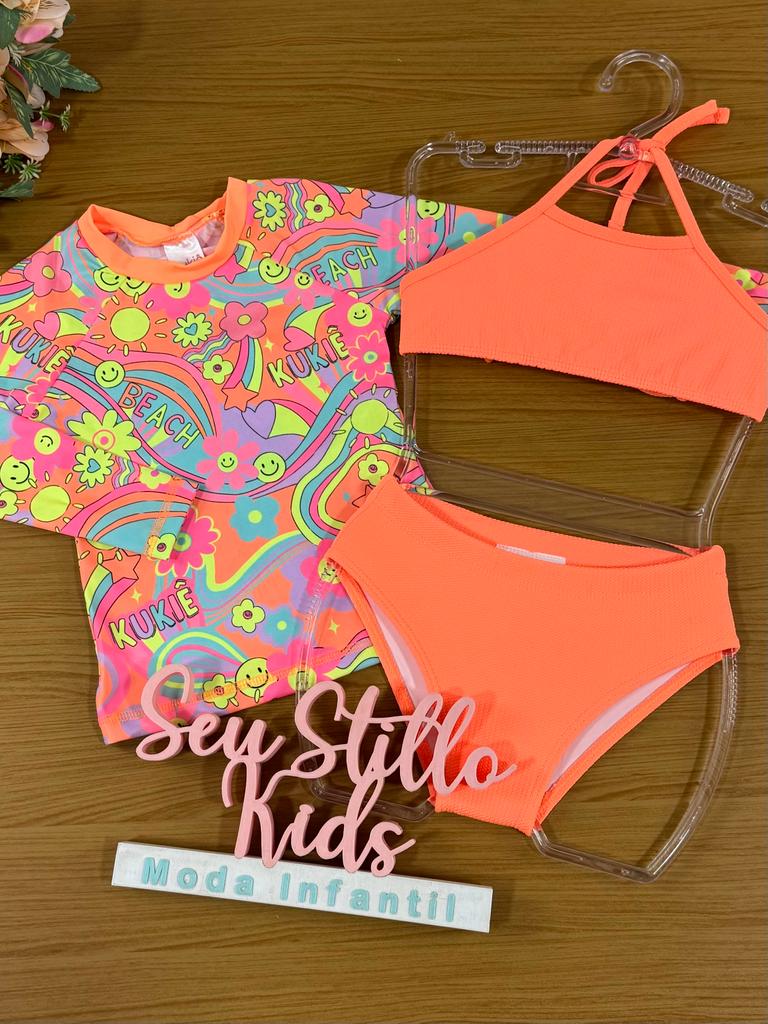 Biquíni Infantil Kukie Verão Com Blusa Manga Longa e Top Laranja
