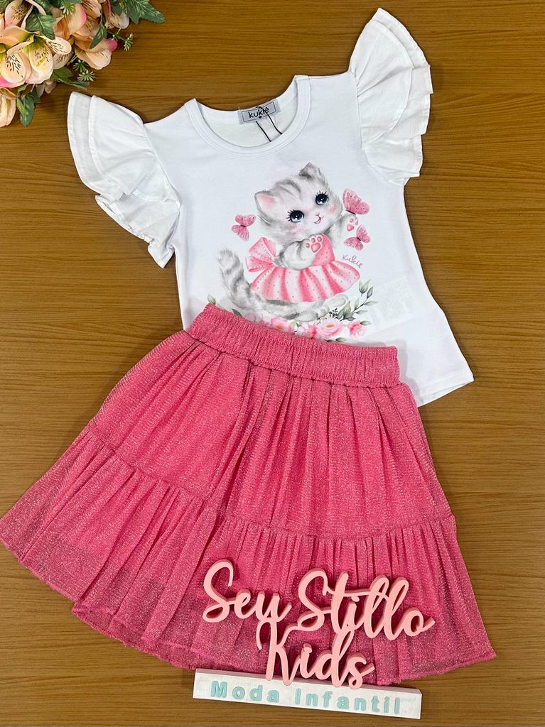 Conjunto Infantil Kukie Verão Com Saia e Blusa Gatinha Rosa