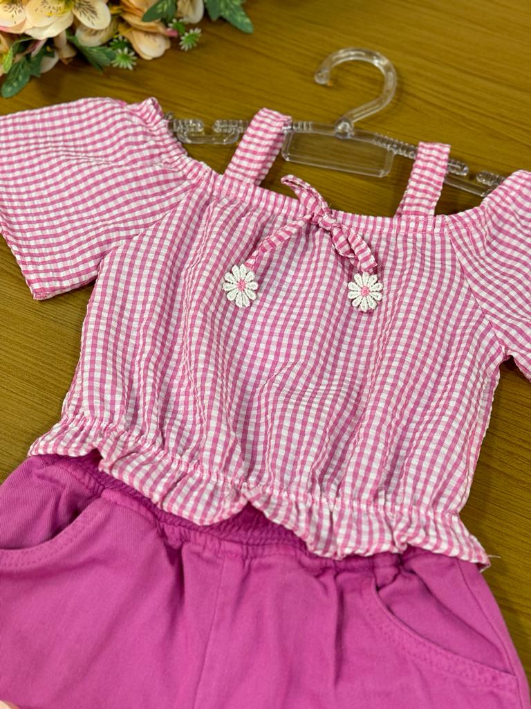 Conjunto Infantil Kukie Alecrim Verão Com Shorts e Blusa Xadrez Rosa
