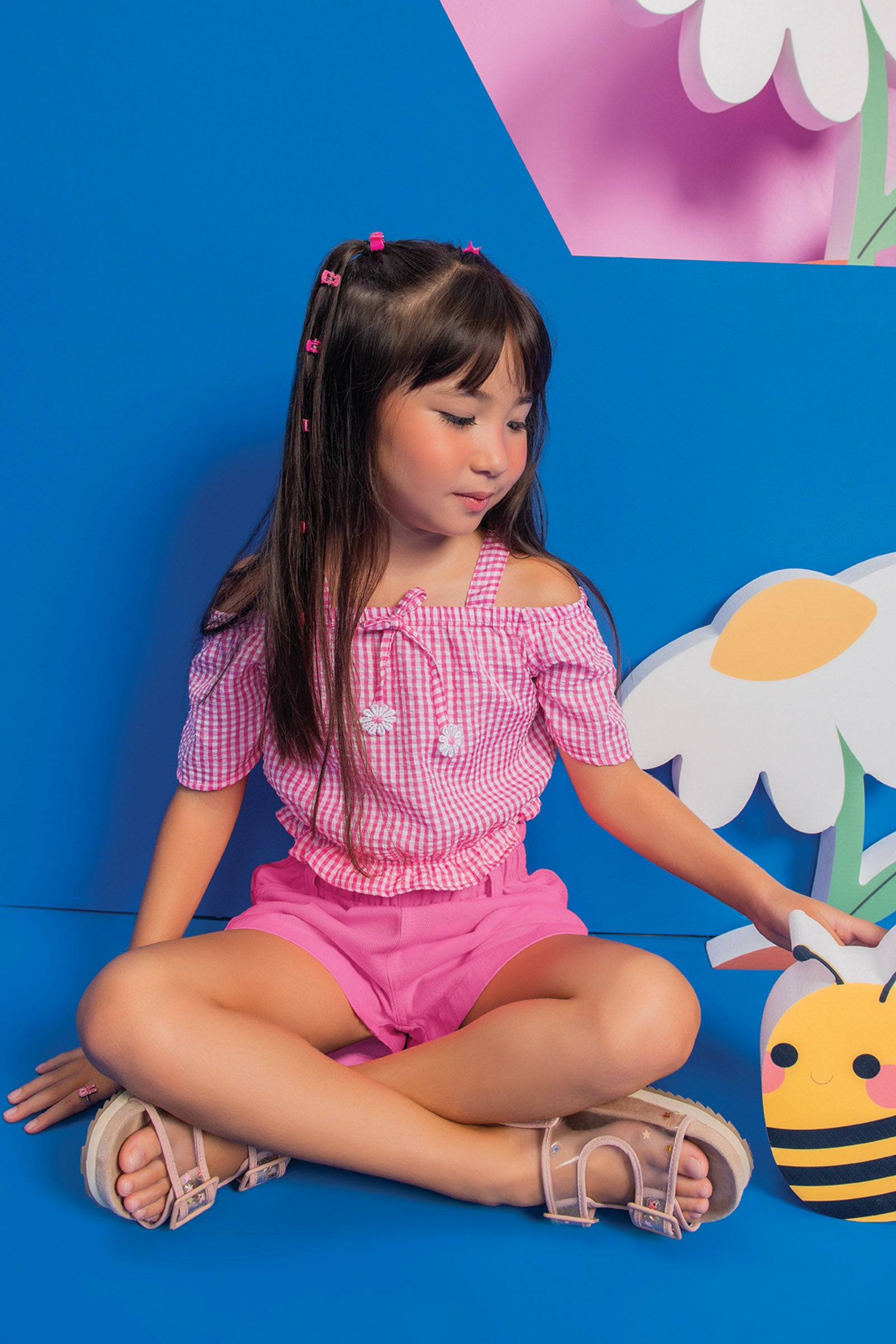 Conjunto Infantil Kukie Alecrim Verão Com Shorts e Blusa Xadrez Rosa