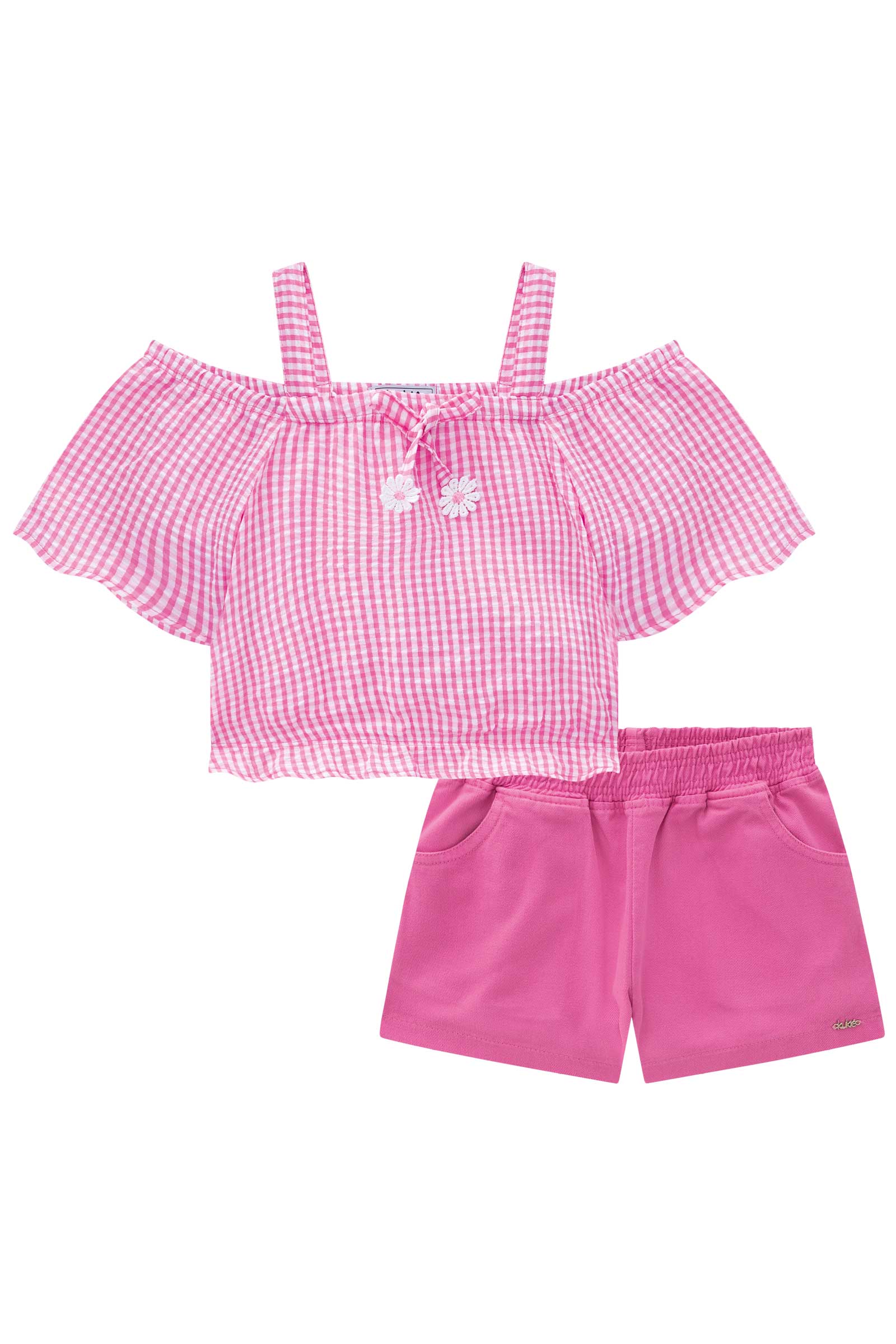 Conjunto Infantil Kukie Alecrim Verão Com Shorts e Blusa Xadrez Rosa