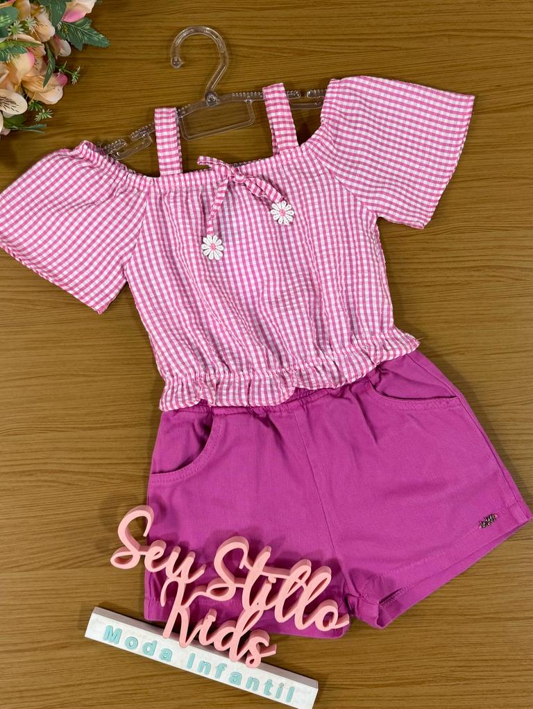 Conjunto Infantil Kukie Alecrim Verão Com Shorts e Blusa Xadrez Rosa