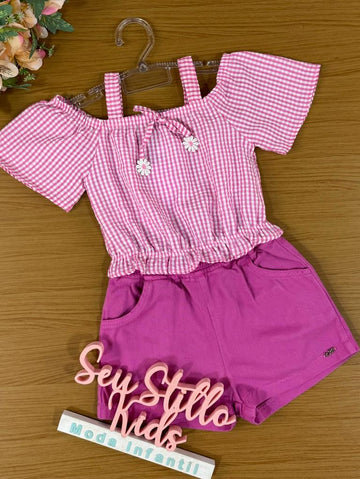 Conjunto Infantil Kukie Alecrim Verão Com Shorts e Blusa Xadrez Rosa