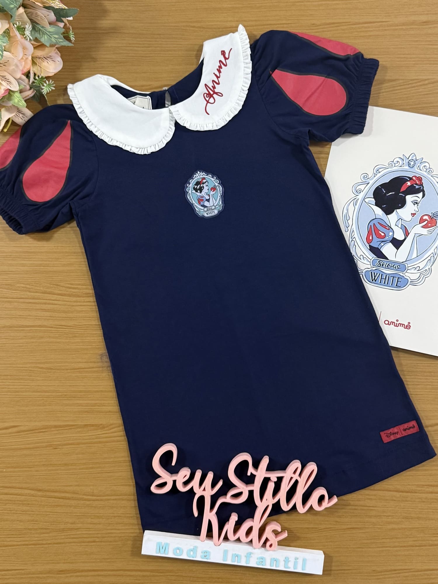 Vestido infantil Animê Manga Curta Azul Marinho Branca de Neve Disney