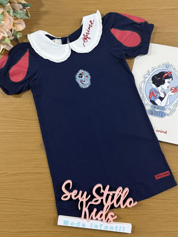 Vestido infantil Animê Manga Curta Azul Marinho Branca de Neve Disney