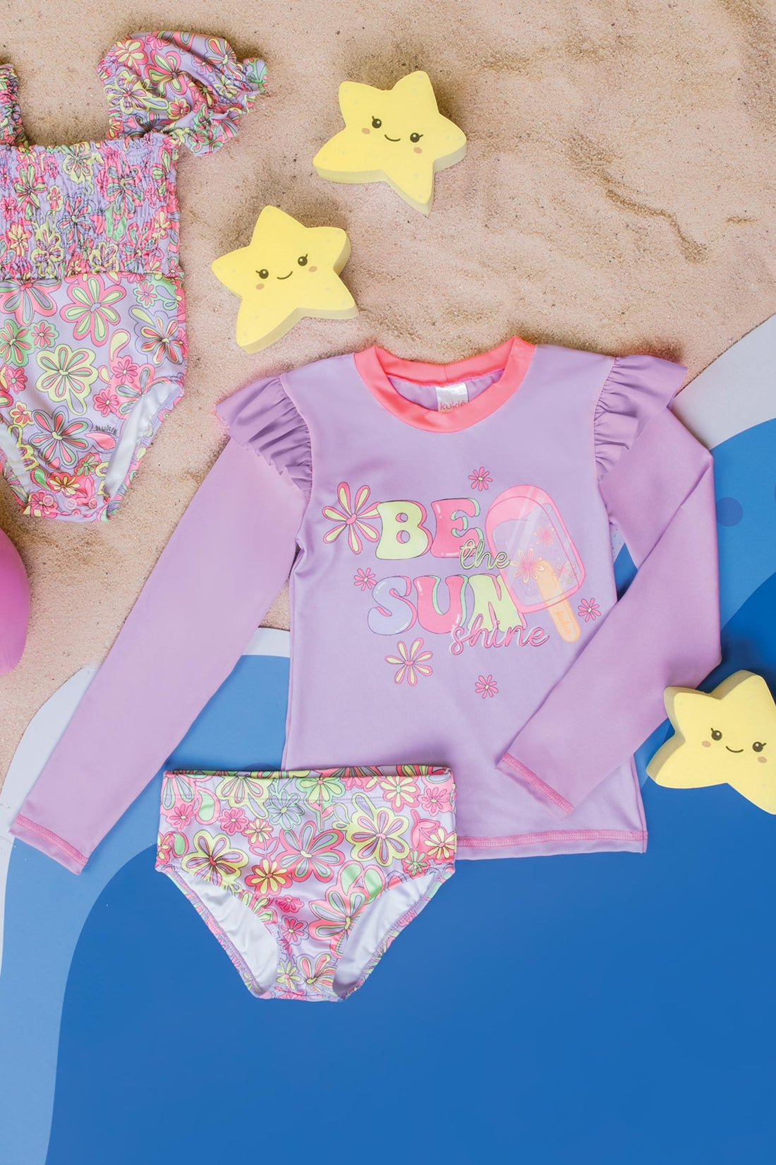 Biquíni Infantil Kukie Verão Com Blusa Manga Longa Lilás e Top Sorvetinho