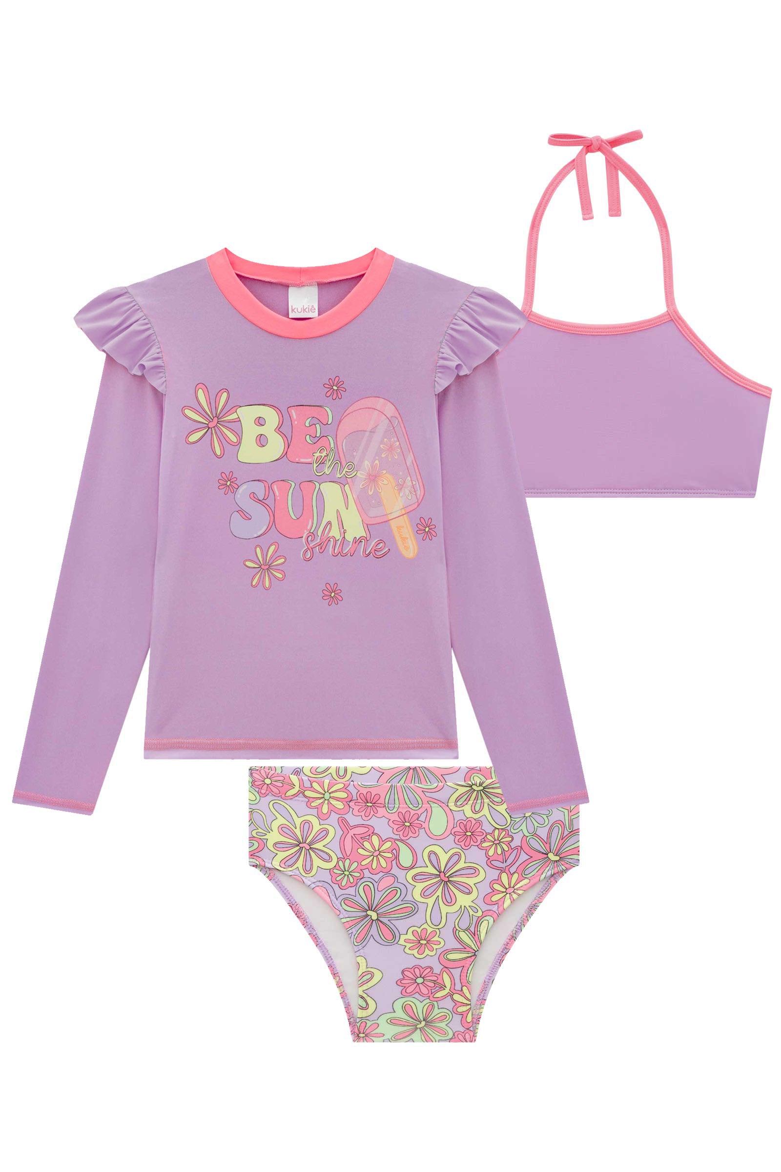 Biquíni Infantil Kukie Verão Com Blusa Manga Longa Lilás e Top Sorvetinho