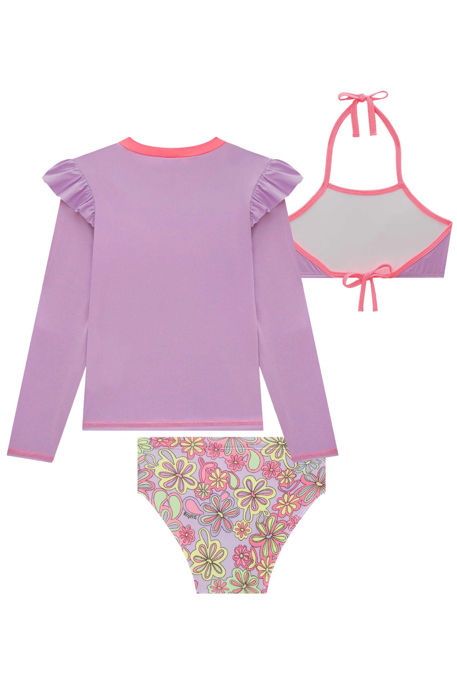 Biquíni Infantil Kukie Verão Com Blusa Manga Longa Lilás e Top Sorvetinho