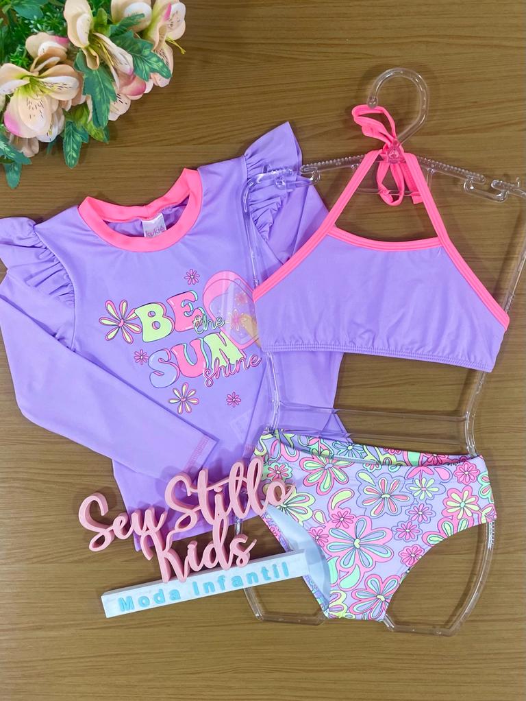 Biquíni Infantil Kukie Verão Com Blusa Manga Longa Lilás e Top Sorvetinho