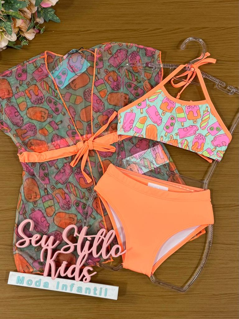 Biquíni Infantil Kukie Verão Com Saída Praia e Piscina Tule Picolé Neon