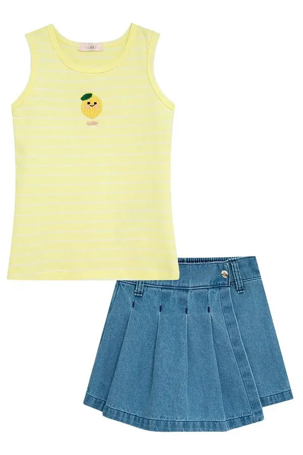 Conjunto Infantil Menina Kukiê com Shorts Saia Jeans e Regata Amarela Limãozinho Tricô
