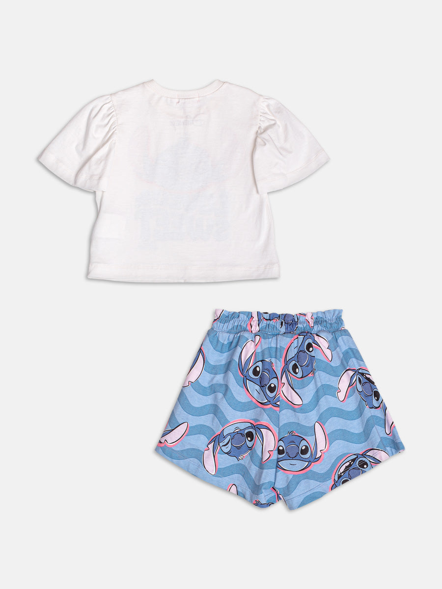 Conjunto Infantil Momi Verão com Shorst Azul e Blusa Branca Lovely Stitch