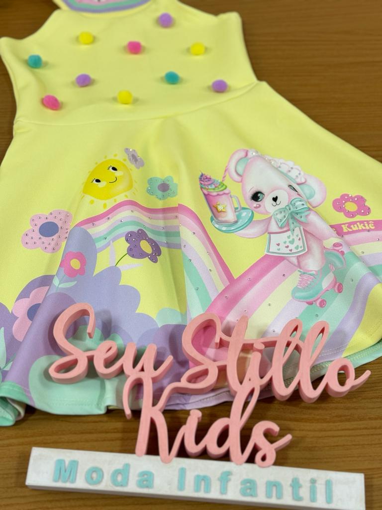 Vestido Infantil Kukie Verão Amarelo Ursinha Doce
