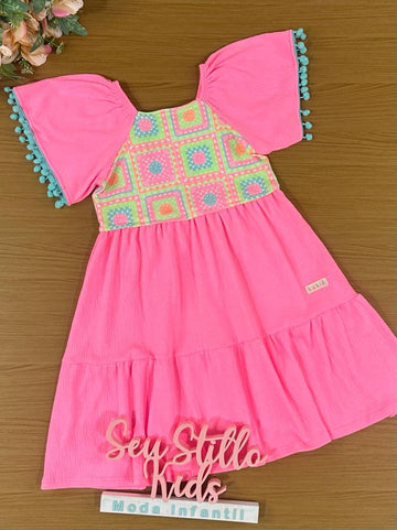 Vestido Infantil Kukie Verão Crochê 3D