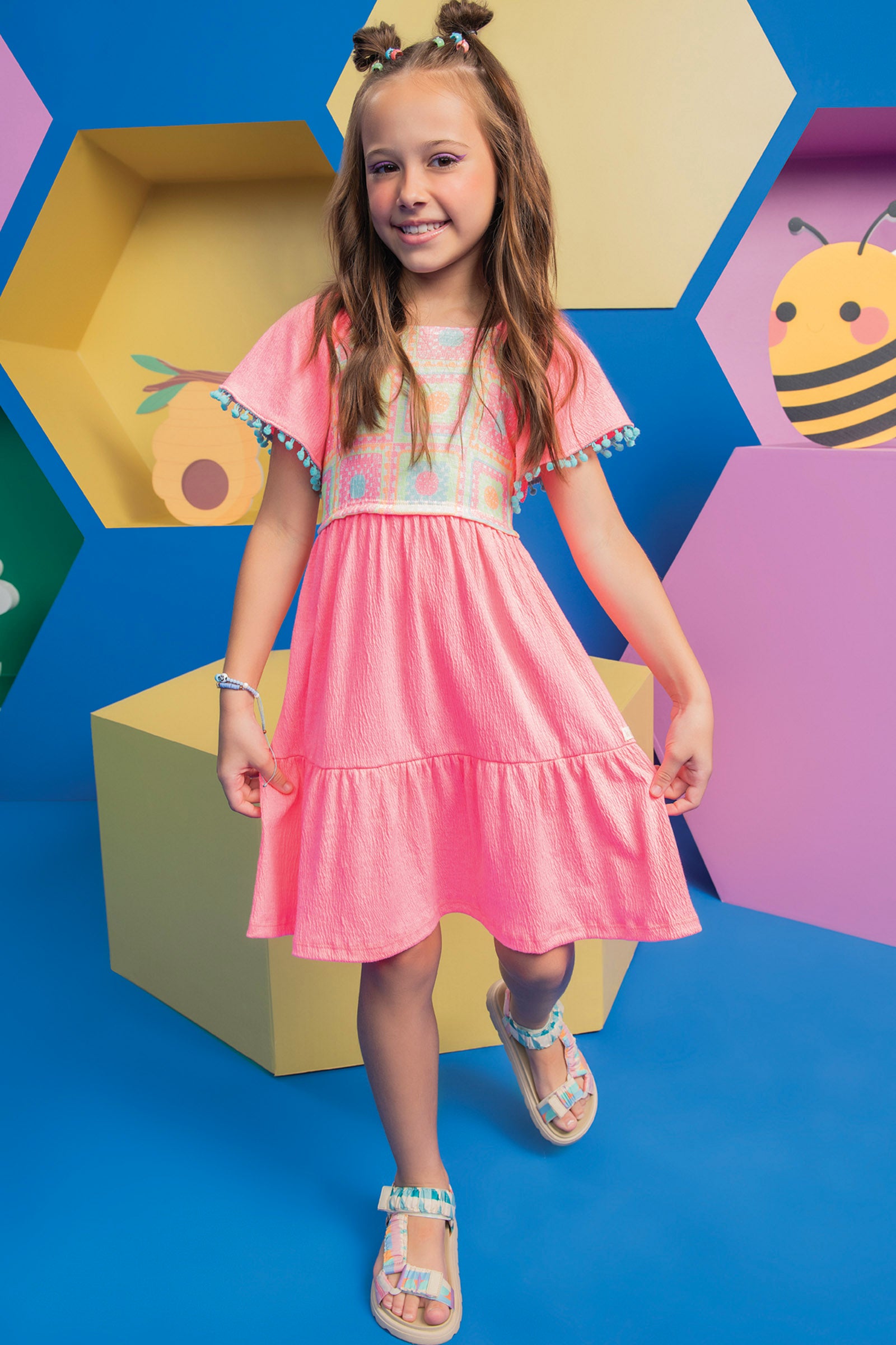 Vestido Infantil Kukie Verão Crochê 3D