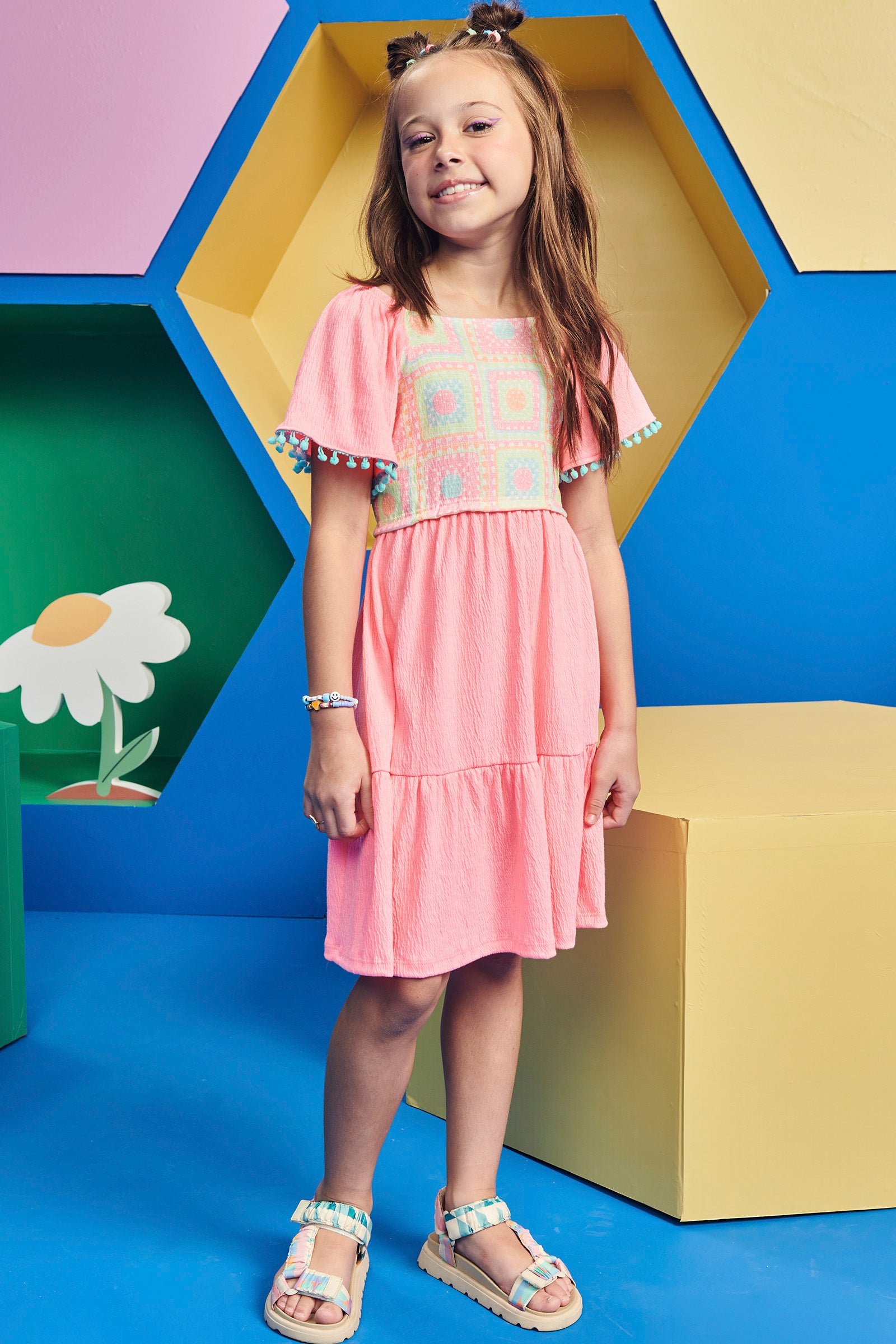 Vestido Infantil Kukie Verão Crochê 3D