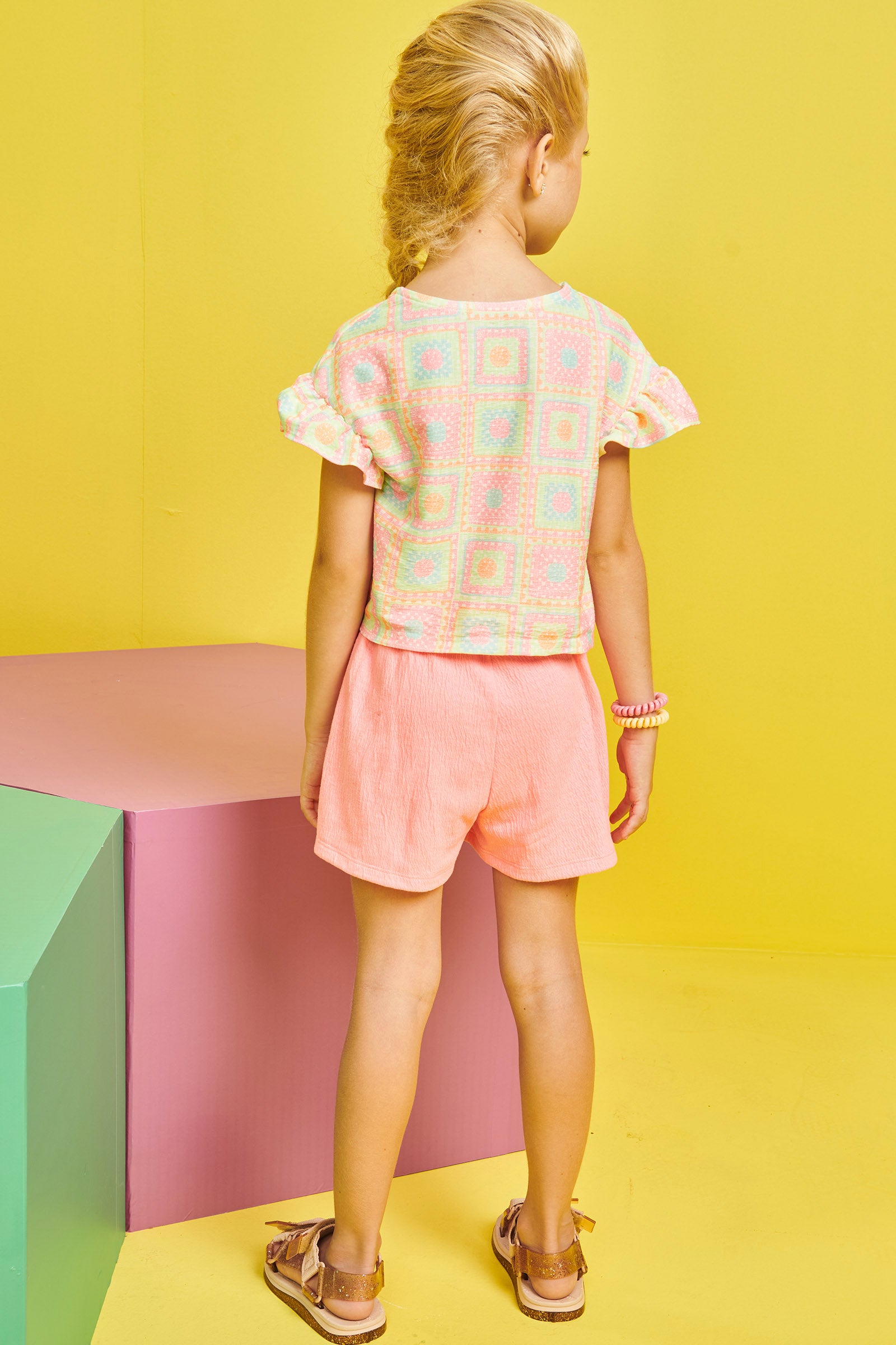 Conjunto Infantil Kukie Verão Com Shorts Saia e Blusa Crochê 3D