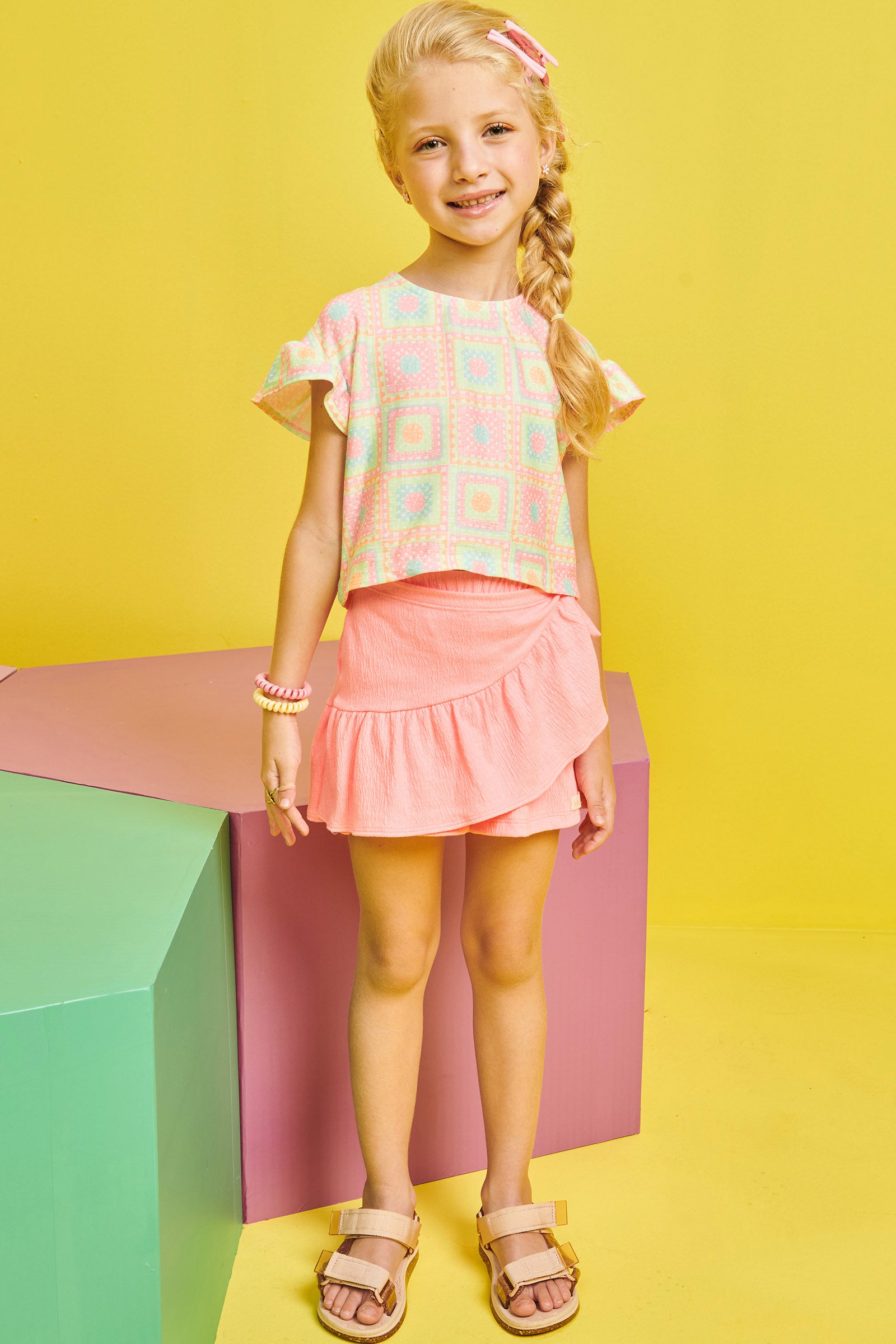 Conjunto Infantil Kukie Verão Com Shorts Saia e Blusa Crochê 3D