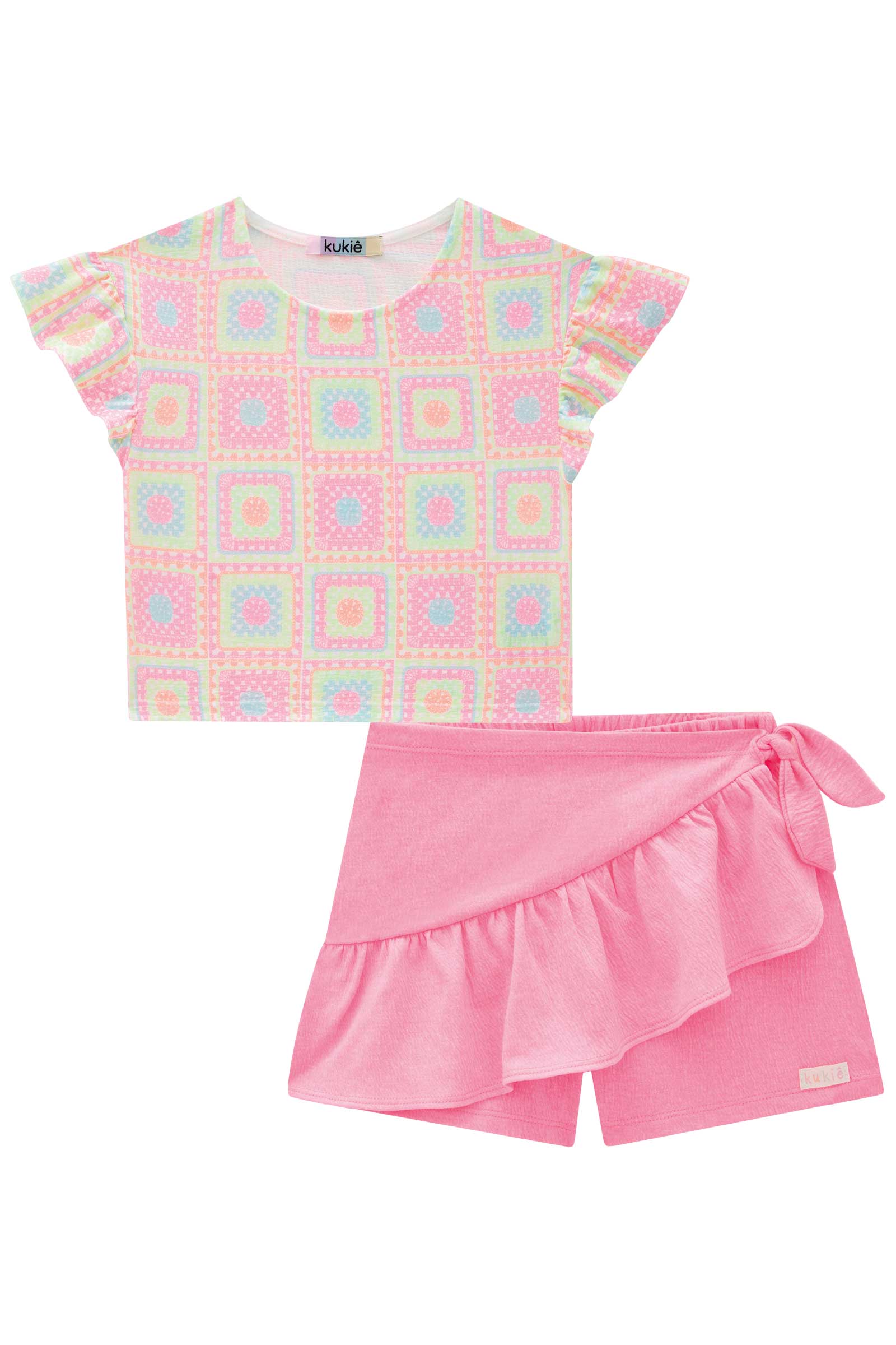 Conjunto Infantil Kukie Verão Com Shorts Saia e Blusa Crochê 3D