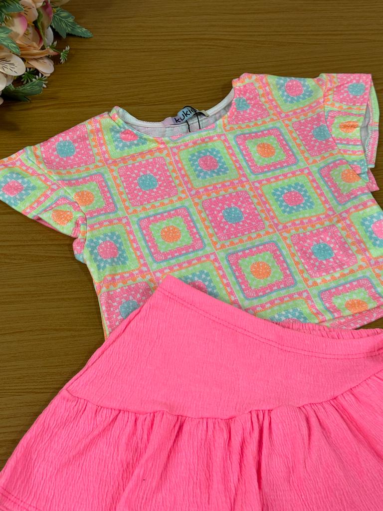 Conjunto Infantil Kukie Verão Com Shorts Saia e Blusa Crochê 3D