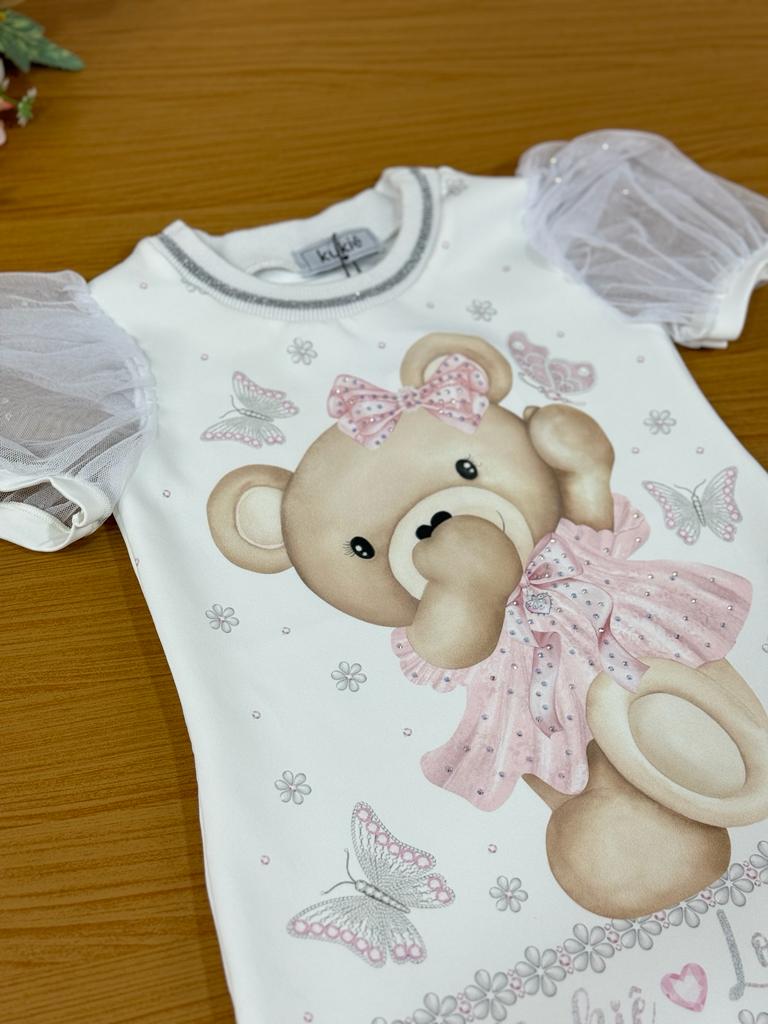 Vestido Infantil Kukie Verão Branco Ursinha Ano Novo