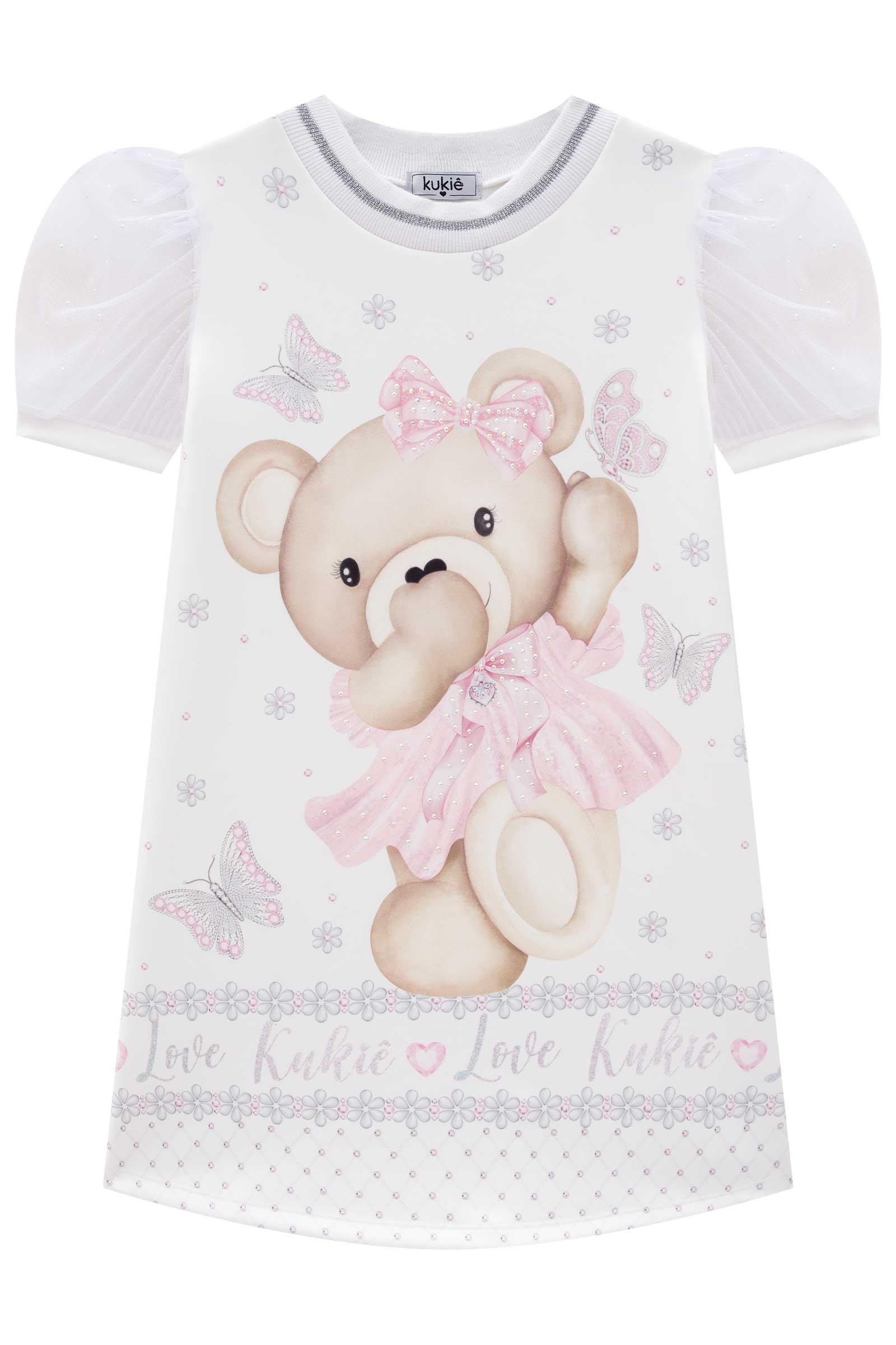 Vestido Infantil Kukie Verão Branco Ursinha Ano Novo