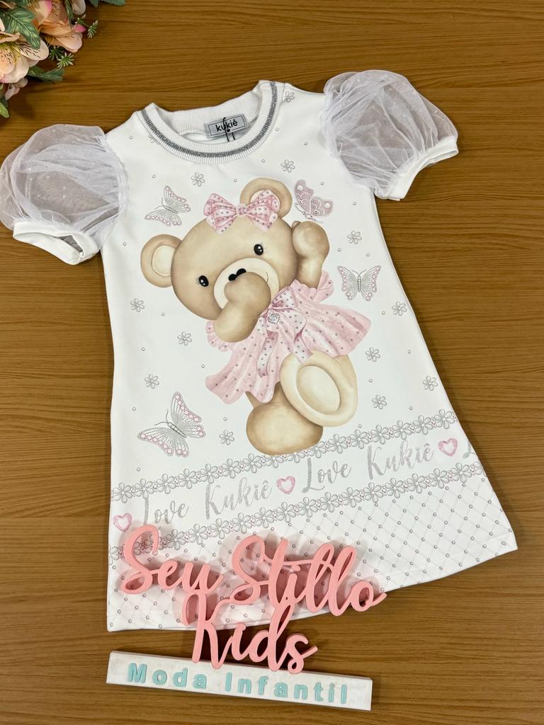 Vestido Infantil Kukie Verão Branco Ursinha Ano Novo