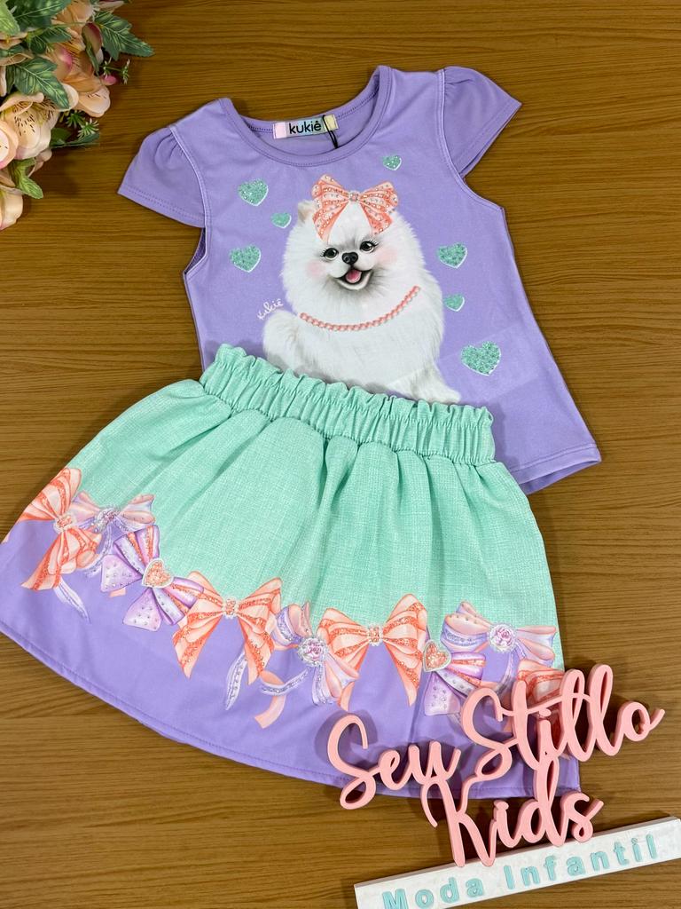 Conjunto Infantil Kukie Verão Com Saia e Blusa Cachorrinho