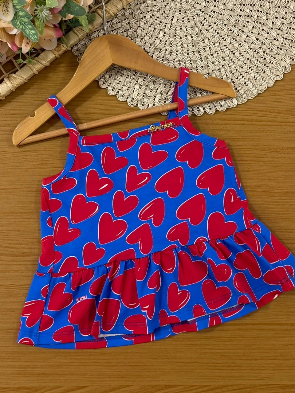 Conjunto Infantil Menina Bimbi Saia e Regata Azul Corações