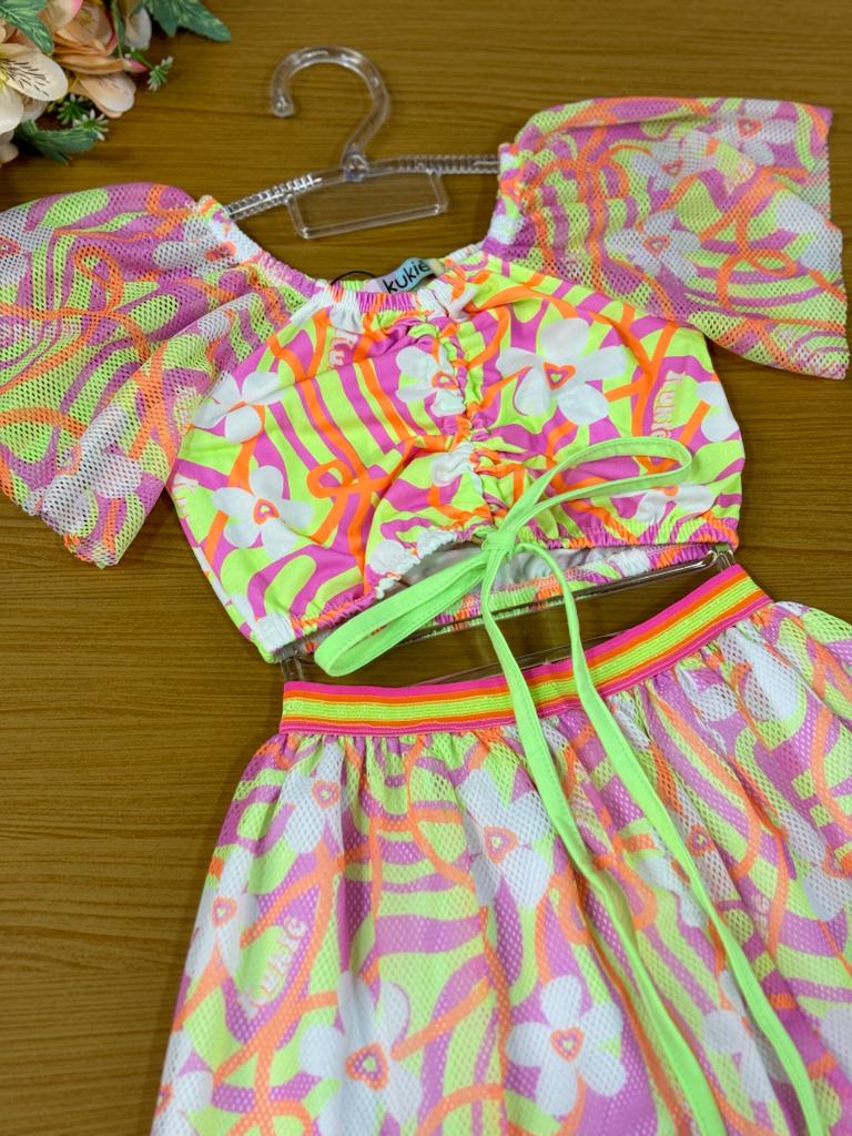 Conjunto Infantil Kukie Verão Com Saia e Blusa Colorida