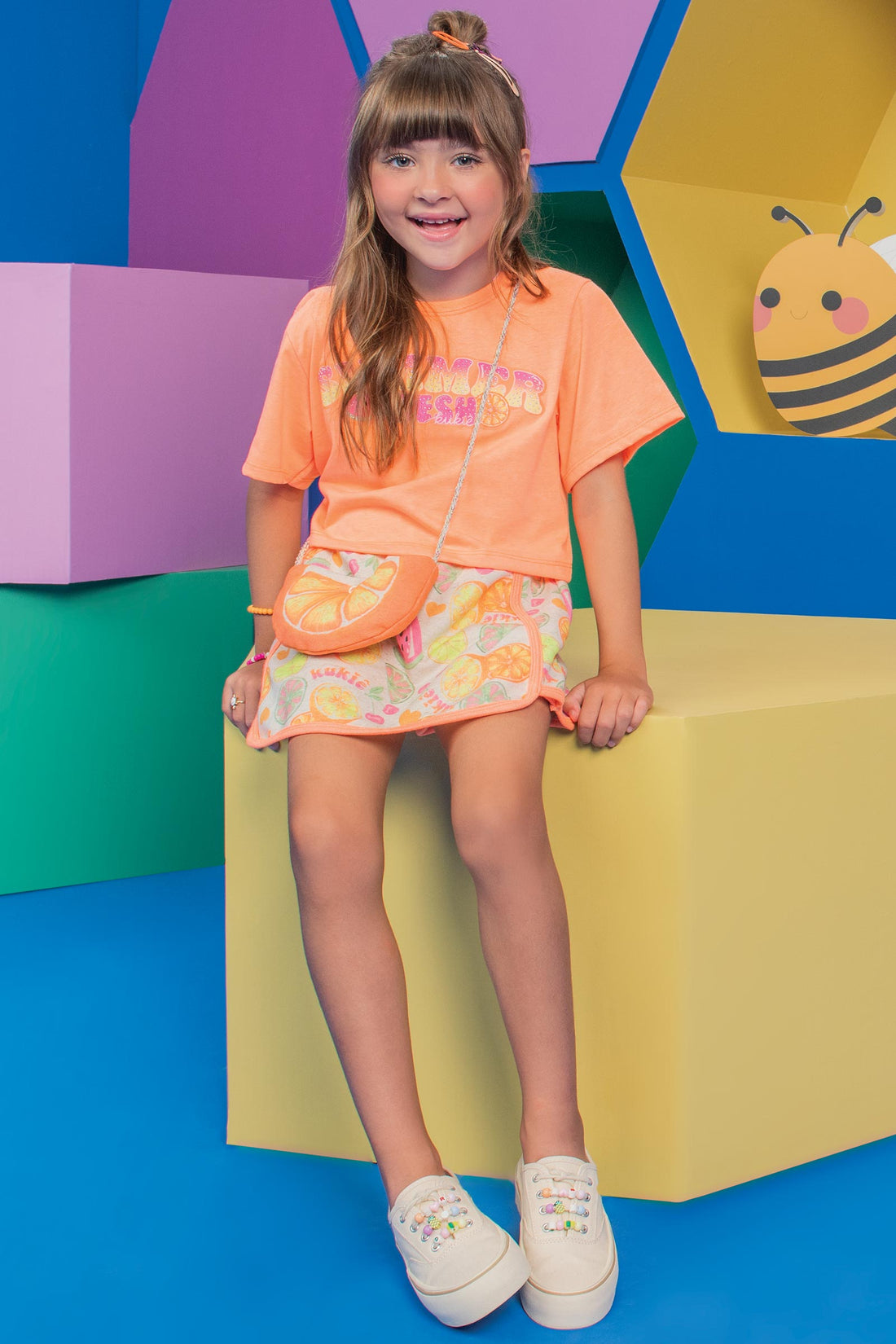 Conjunto Infantil Kukie Verão Com Shorts Saia e Blusa Laranja Summer