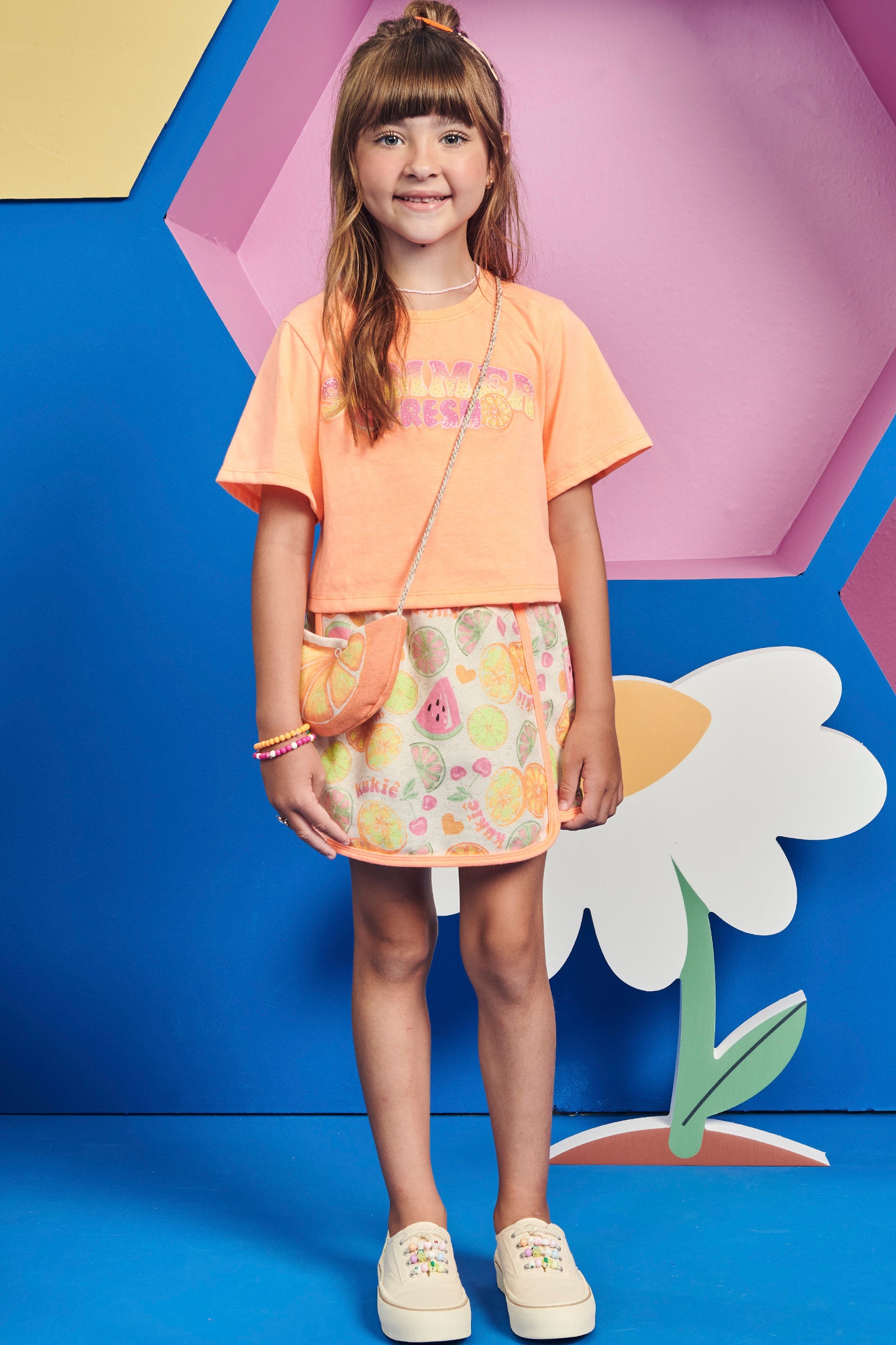 Conjunto Infantil Kukie Verão Com Shorts Saia e Blusa Laranja Summer