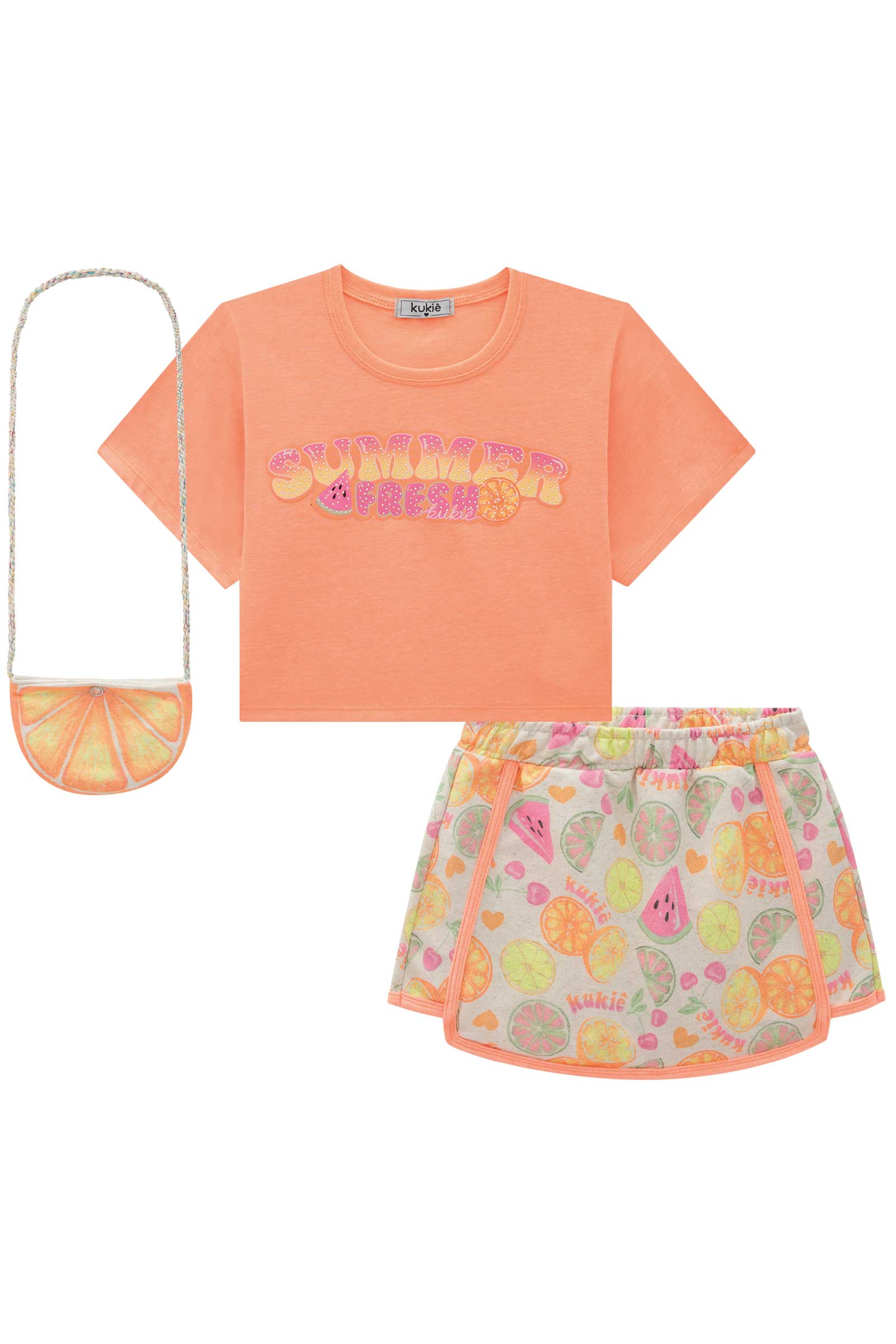 Conjunto Infantil Kukie Verão Com Shorts Saia e Blusa Laranja Summer
