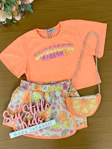 Conjunto Infantil Kukie Verão Com Shorts Saia e Blusa Laranja Summer