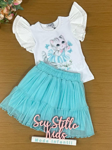 Conjunto Infantil Kukie Verão Com Saia e Blusa Gatinha Azul
