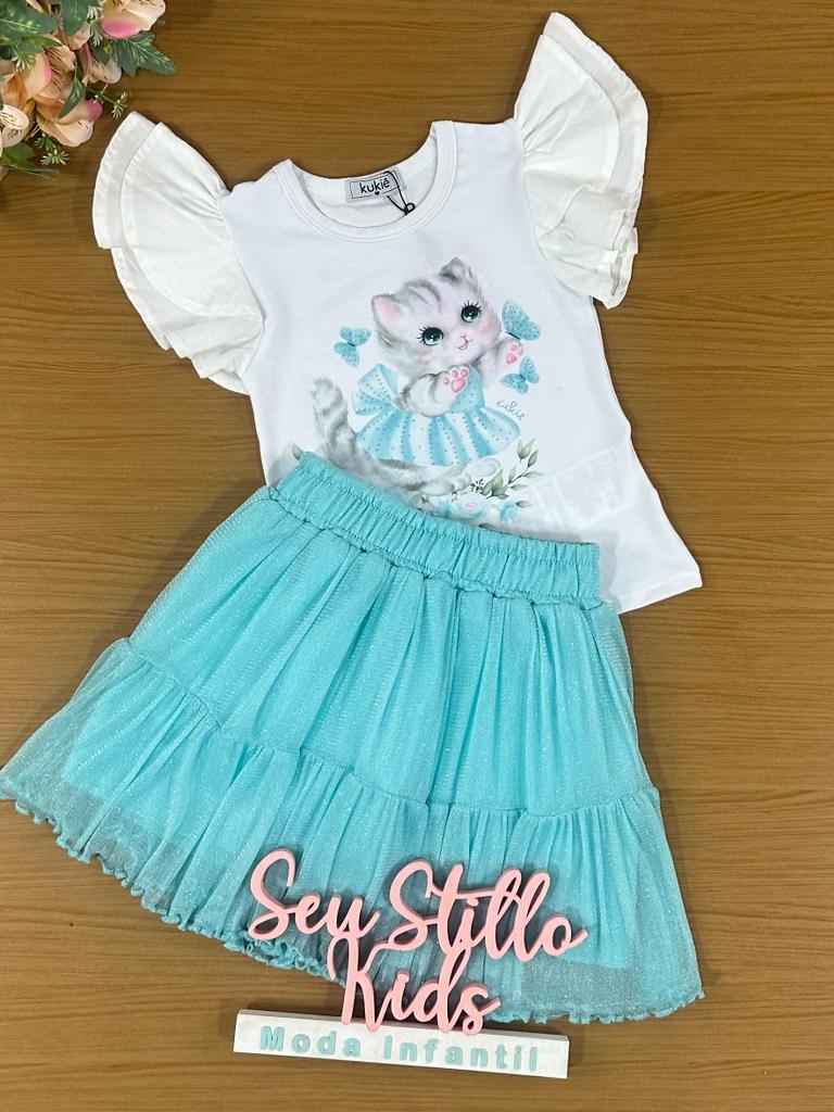 Conjunto Infantil Kukie Verão Com Saia e Blusa Gatinha Azul