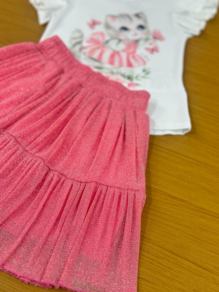 Conjunto Infantil Kukie Verão Com Saia e Blusa Gatinha Rosa