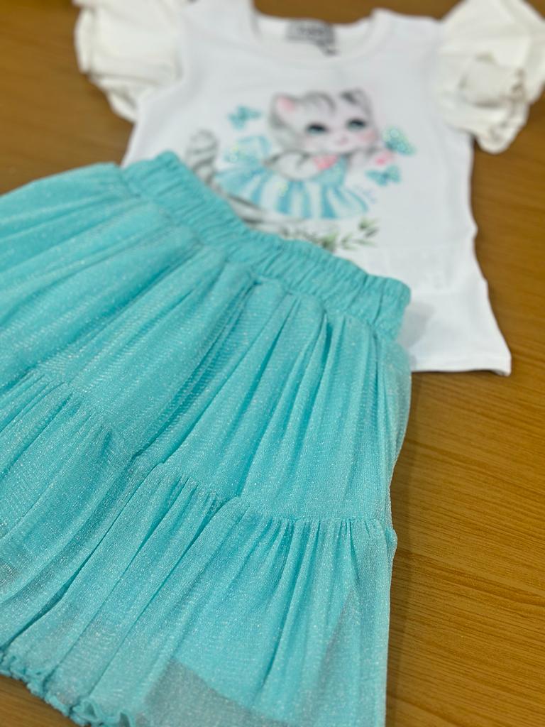 Conjunto Infantil Kukie Verão Com Saia e Blusa Gatinha Azul