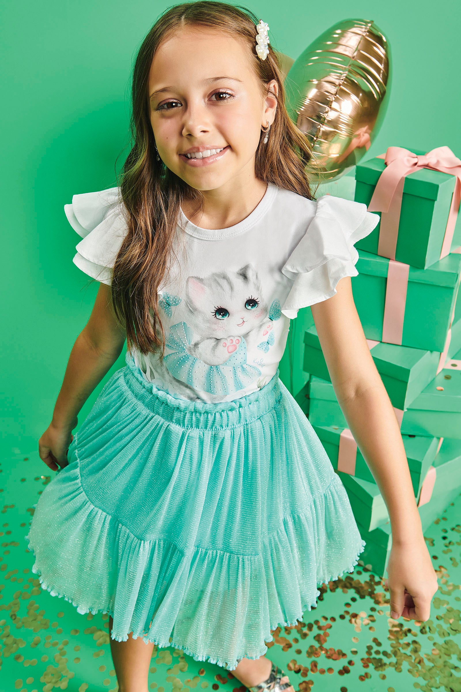 Conjunto Infantil Kukie Verão Com Saia e Blusa Gatinha Azul