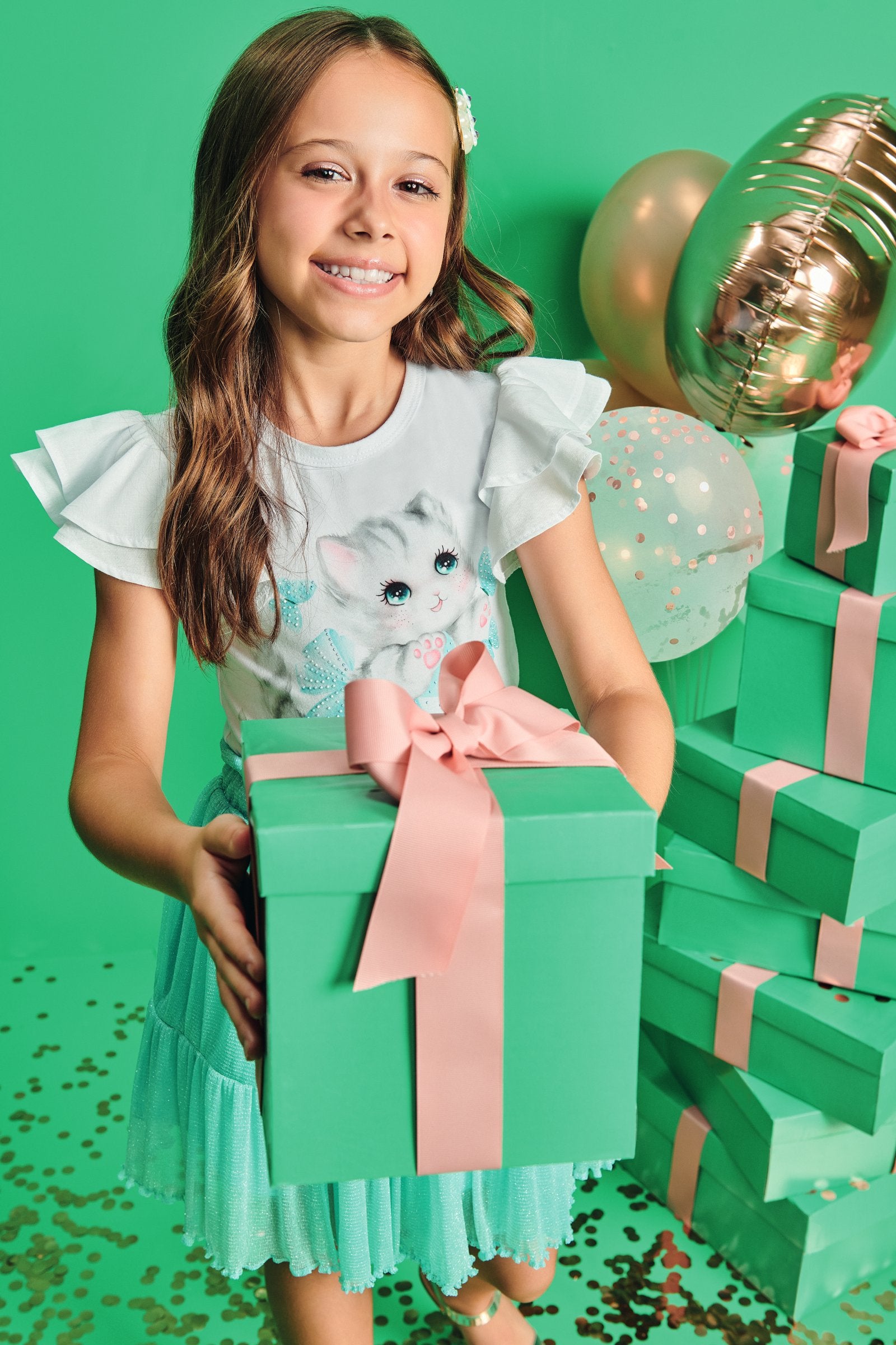 Conjunto Infantil Kukie Verão Com Saia e Blusa Gatinha Azul