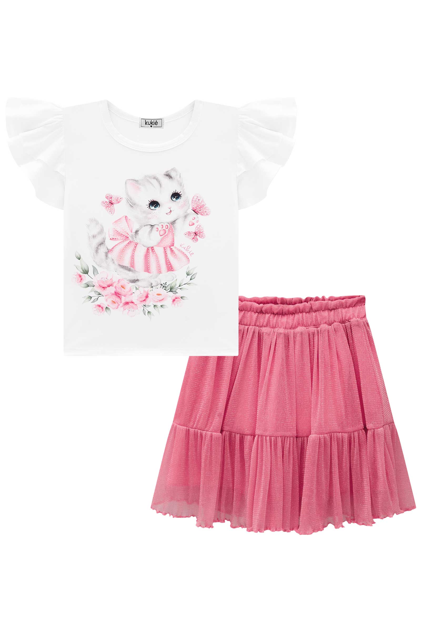 Conjunto Infantil Kukie Verão Com Saia e Blusa Gatinha Rosa