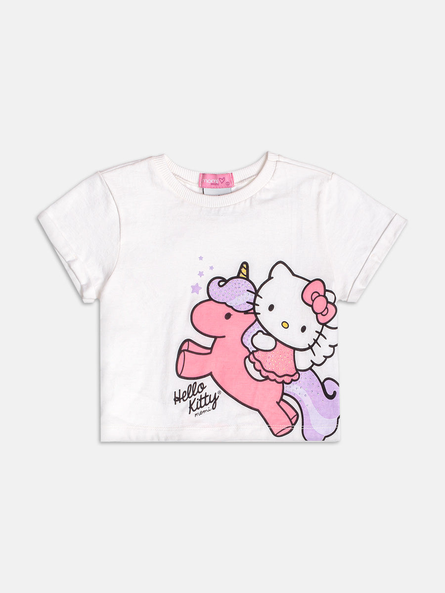 Conjunto Infantil Momi Verão com Shorts Rosa e Blusa Branca Hello Kitty Unicórnio