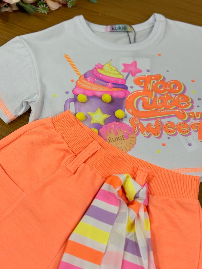 Conjunto Infantil Kukie Verão Com Shorts e Blusa Milk Shake Laranja